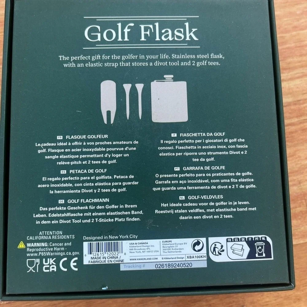 NEW Kikkerland Golf Stainless Steel Flask with Green Holder (Holds 6oz)